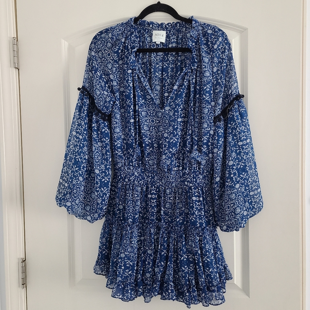 MISA Blue Print Long Sleeve Mini Dress - S